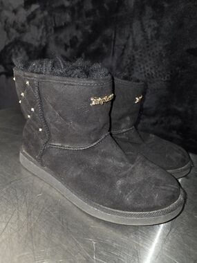 Juicy Couture Black Faux-Suede Ankle Booties with Gold Logo & Studs